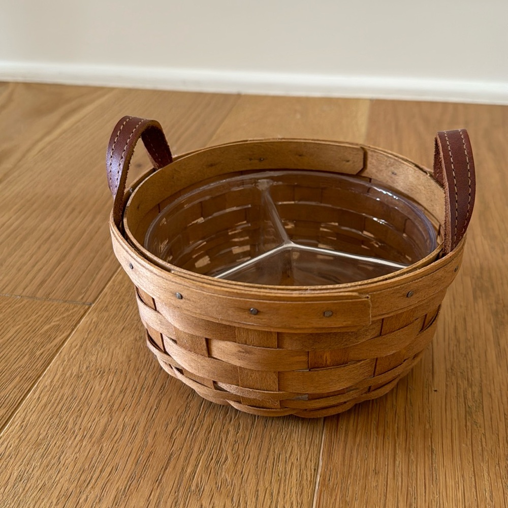 Longaberger round basket with leather handles and divided liner